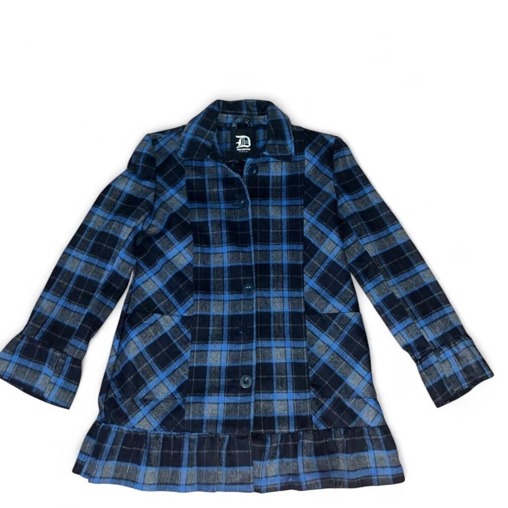 Vintage Y2K Dollhouse Woman's Blue and Black Plaid Peacoat with Ruffle Hem SZ XL
